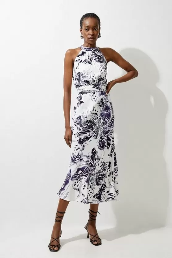 Best Sale Karen Millen Abstract Floral Satin Woven Halter Midi Dress purple