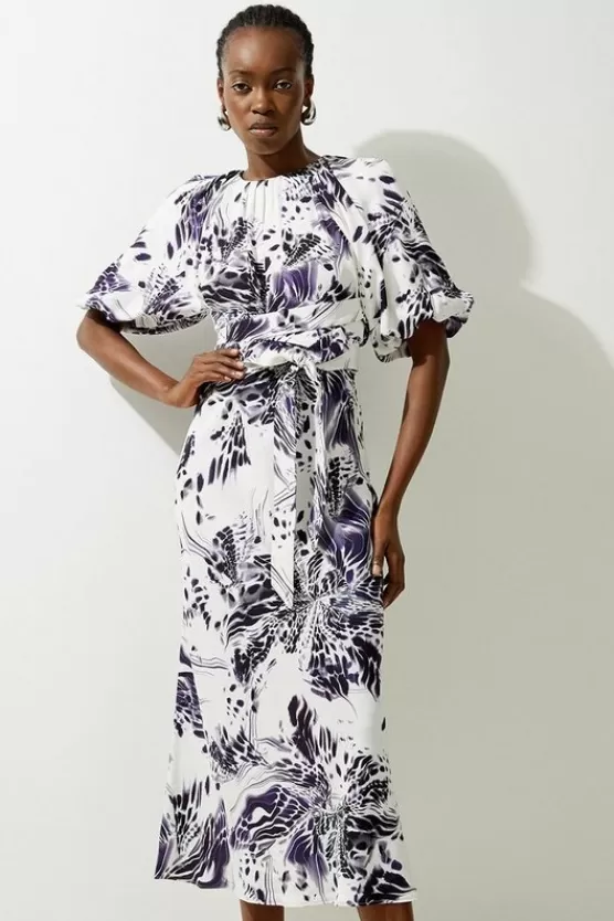 Flash Sale Karen Millen Abstract Floral Satin Woven Midi Dress purple