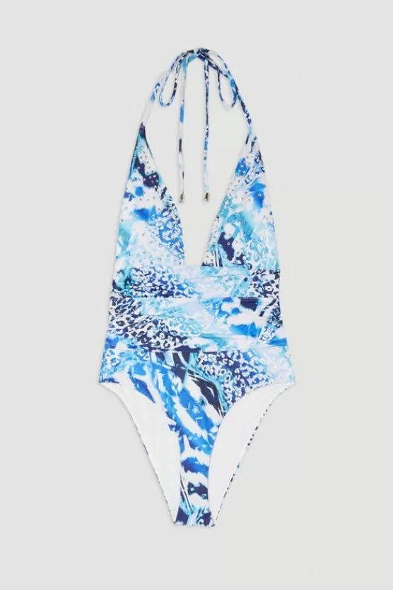 Cheap Karen Millen Abstract Print Embellished Trim Tie Detail Swimsuit multi