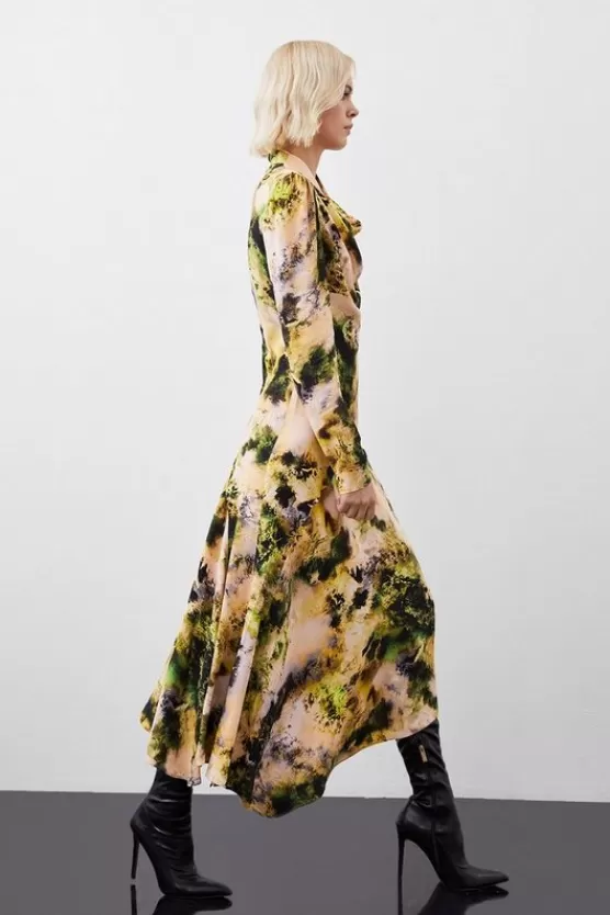 Hot Karen Millen Abstract Print Viscose Satin Asymmetric Woven Maxi Dress multi