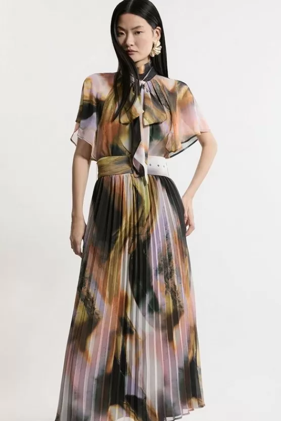 Clearance Karen Millen Abstract Pussy Bow Tie Georgette Belted Woven Midi Dress multi
