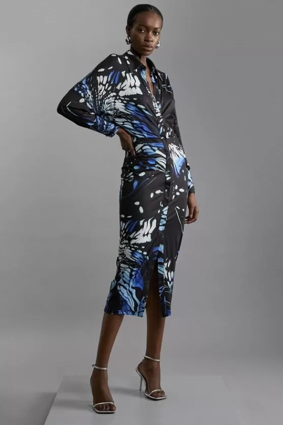 Hot Karen Millen Abstract Swirl Printed Jersey Crepe Maxi Shirt Dress navy