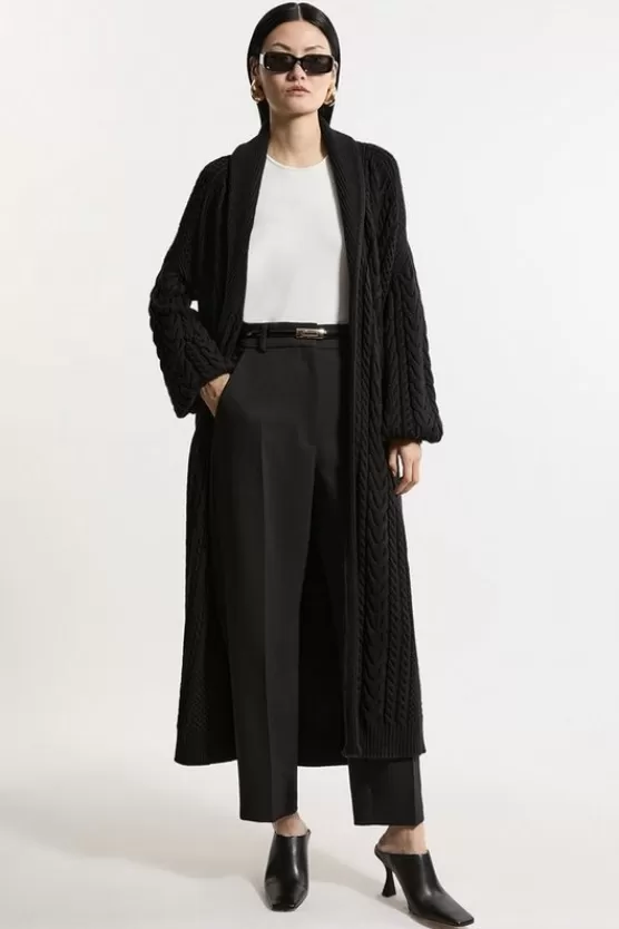 Shop Karen Millen All Over Cable Knit Shawl Collar Longline Belted Coatigan black