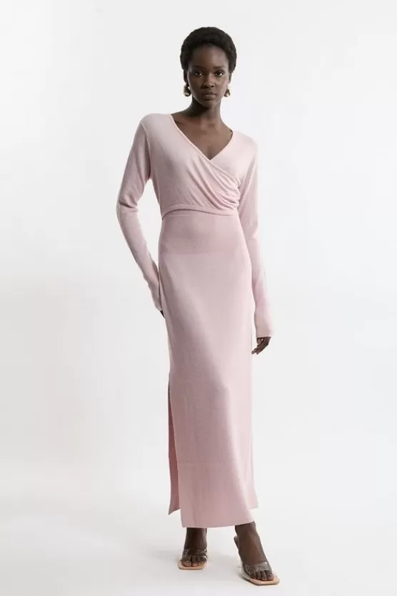 Hot Karen Millen Alpaca Wool Ballet Wrap Midi Knit Dress mauve