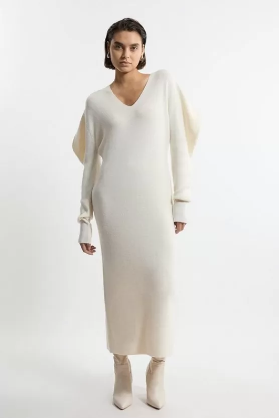 Hot Karen Millen Alpaca Wool Blend Full Sleeve All Over Ribbed V Neck Knit Dress cream