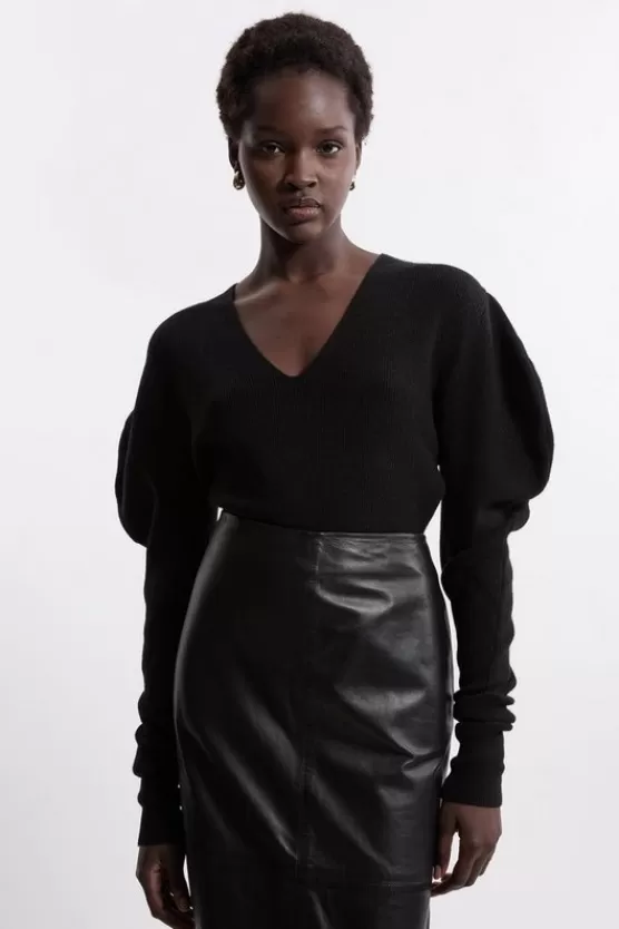 Online Karen Millen Alpaca Wool Blend Full Sleeve All Over Ribbed V Neck Knit Sweater black