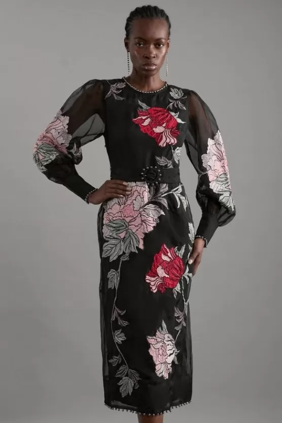 Shop Karen Millen Applique And Embroidered Organdie Woven Maxi Bandeau Dress With Beading floral