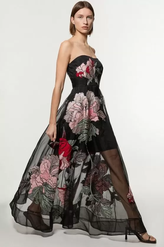 New Karen Millen Applique And Embroidered Organdie Woven Midaxi Bandeau Dress With Beading floral