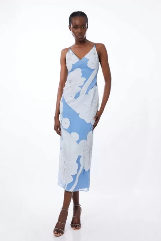 Online Karen Millen Applique Organdie Satin Woven Midi Dress dustyblue