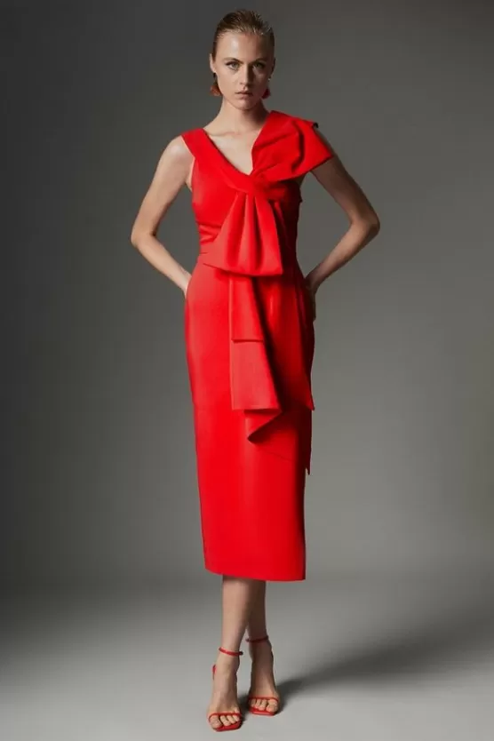 Fashion Karen Millen Archive Collection - Bow Detail Off The Shoulder Crepe Woven Midi Dress red