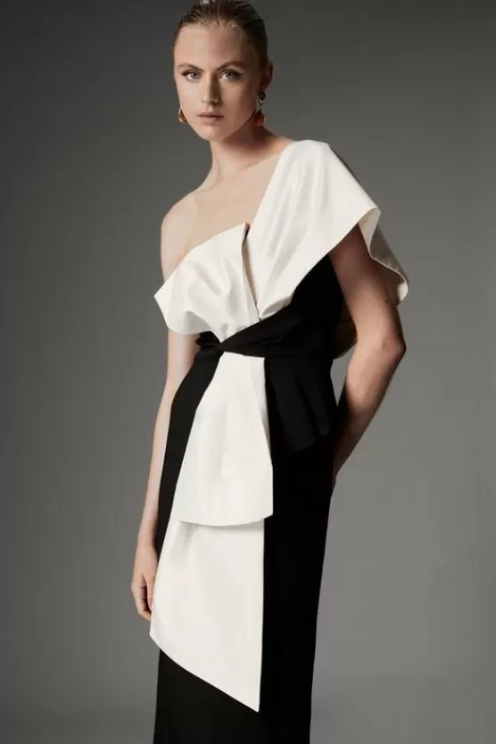 New Karen Millen Archive Collection - Bow Detail One Shoulder Crepe Woven Midi Dress mono