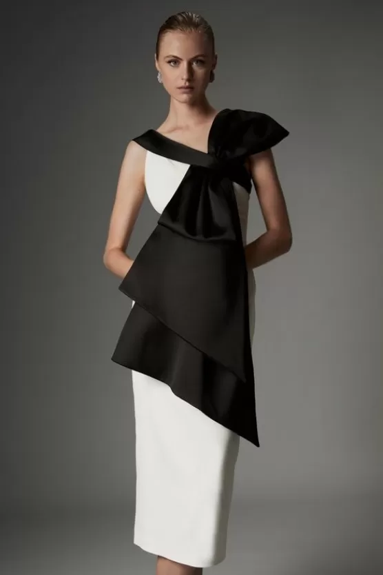 Clearance Karen Millen Archive Collection - Petite Bow Detail Off The Shoulder Crepe Woven Midi Dress mono