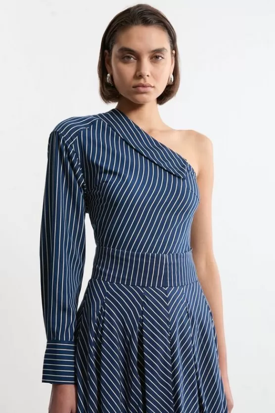 Hot Karen Millen Asymmetric Cotton d Woven Long Sleeved Shirt stripe