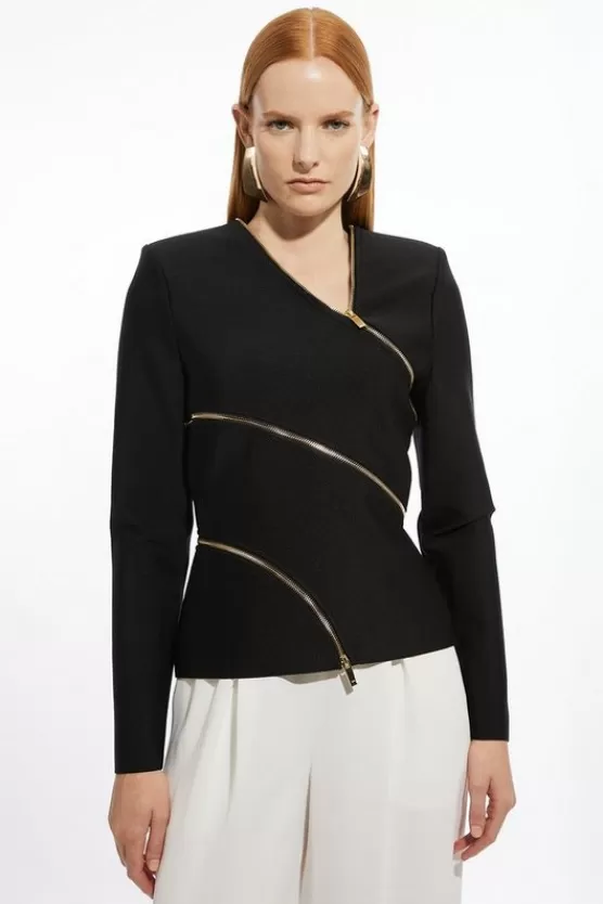 Sale Karen Millen Asymmetric Zip Detail Figure Form Bandage Knit Top black