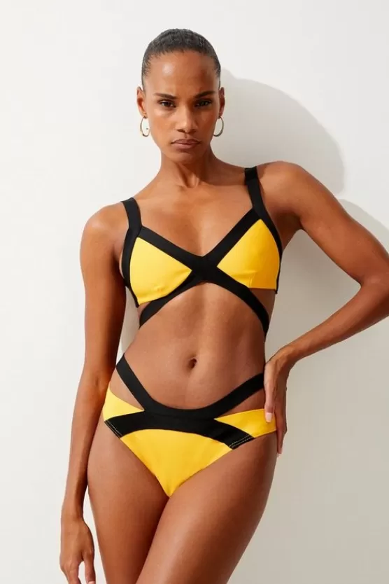 Sale Karen Millen Bandage Color Block Strappy Bikini Bottoms yellow