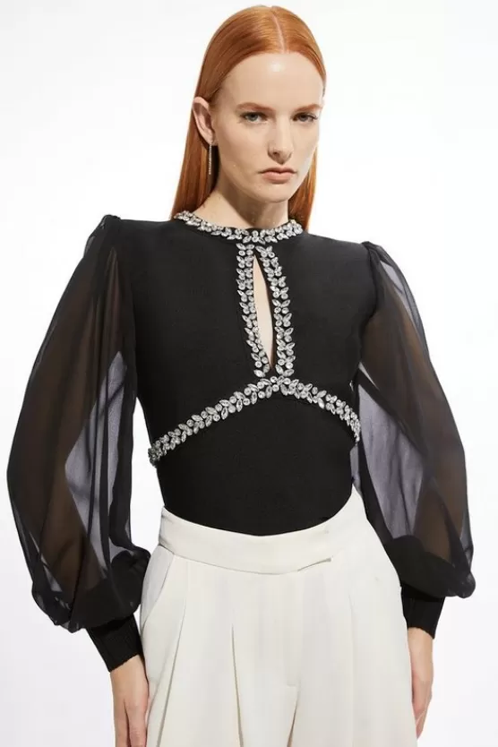 Online Karen Millen Bandage Embellished And Chiffon Sleeve Figure Form Knit Top black