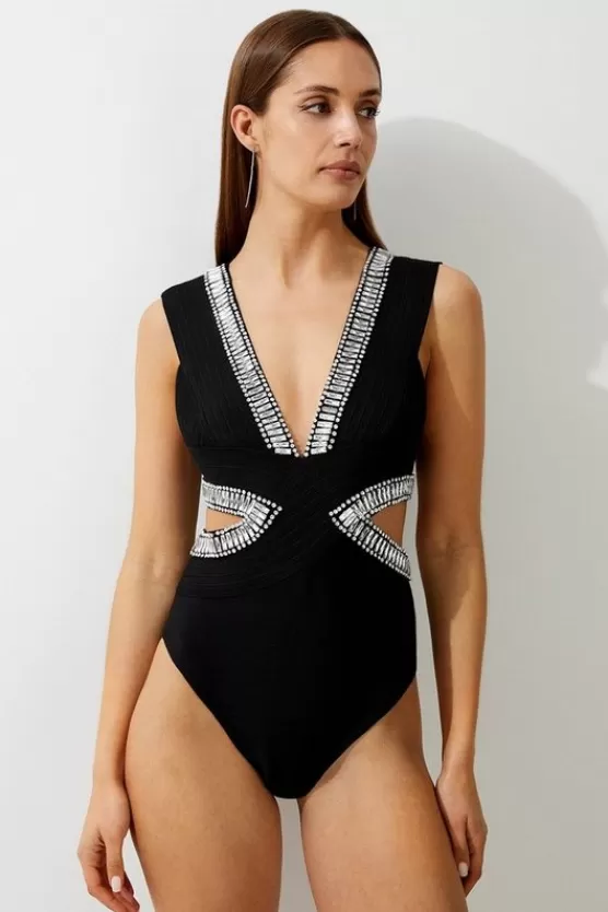 Sale Karen Millen Bandage Embellished Trim Cut Out Swimsuit black