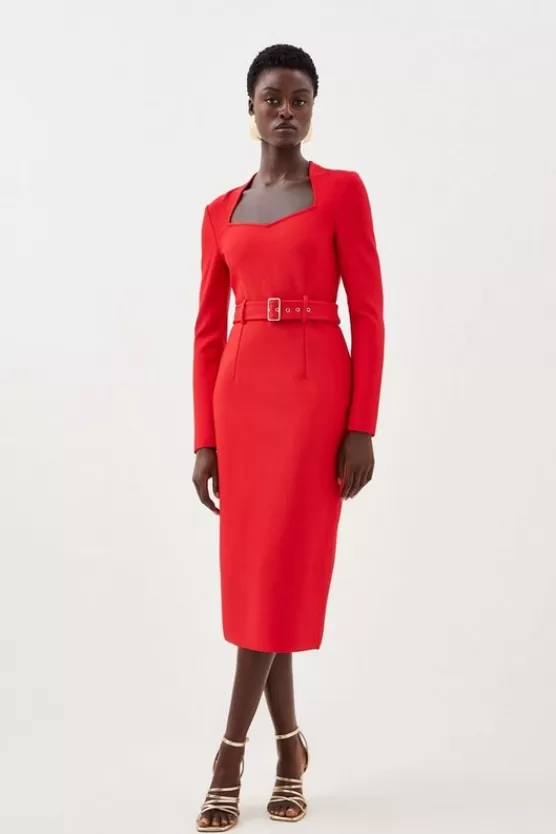 Sale Karen Millen Bandage Figure Form Knit Belted Midi Dress red