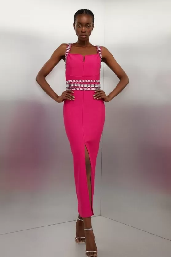 Fashion Karen Millen Bandage Figure Form Knit Embellished Maxi Dress fuchsia