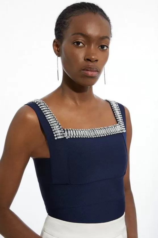 New Karen Millen Bandage Figure Form Knit Embellished Square Neck Top navy