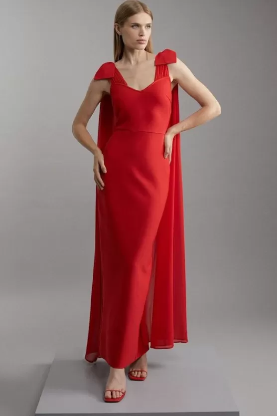 Flash Sale Karen Millen Bandage Figure Form Knit Midaxi Dress With Chiffon Cape red