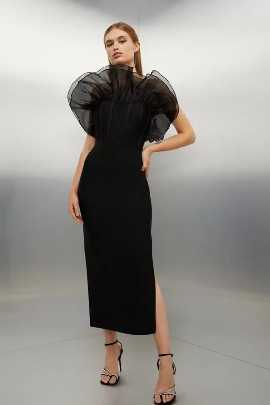 Best Sale Karen Millen Bandage Figure Form Organza Frill Knit Midaxi Dress black