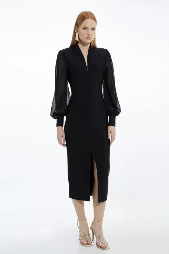 Best Sale Karen Millen Bandage Figure Form Zip Detail Chiffon Sleeve Knit Dress black