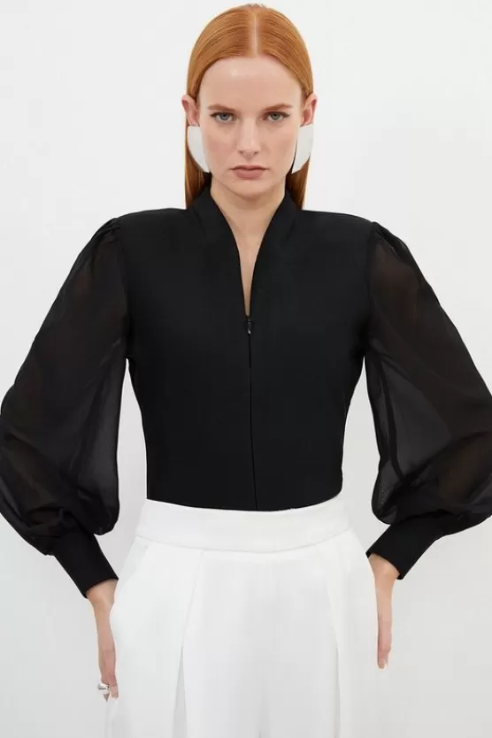 Cheap Karen Millen Bandage Figure Form Zip Detail Chiffon Sleeve Knit Top black