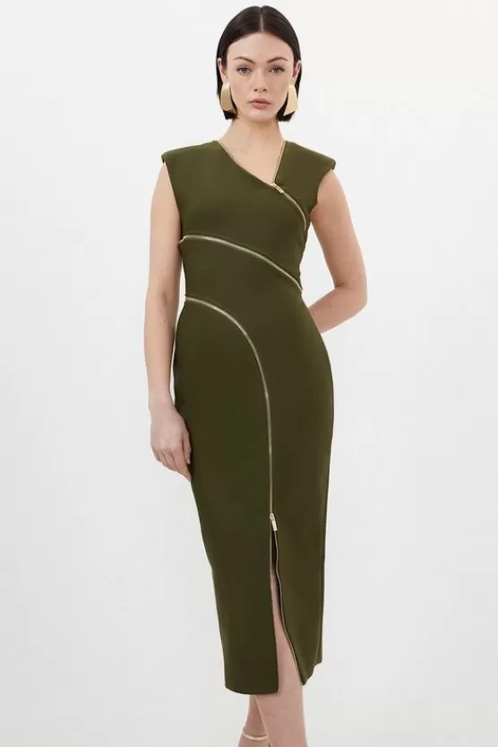 Online Karen Millen Bandage Form Fitting Zip Detail Midi Dress khaki