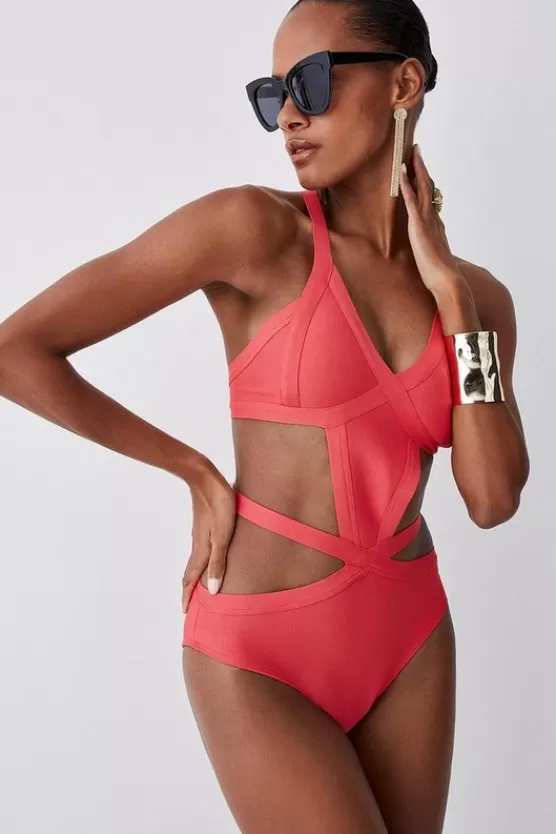 Shop Karen Millen Bandage Strappy Cross Front Swimsuit coral