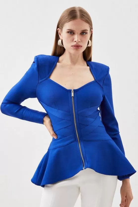 Fashion Karen Millen Bandage Strong Shoulder Jacket With Zip Front Opening cobalt