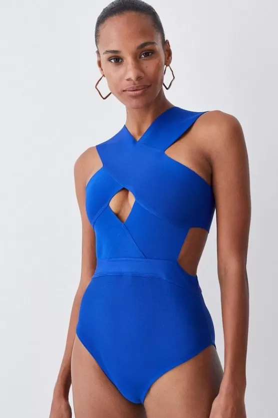 Store Karen Millen Bandage Textured Cross Front Swimsuit cobalt