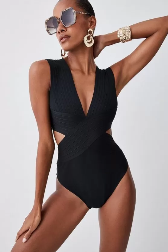 Cheap Karen Millen Bandage Textured V Neck Swimsuit black