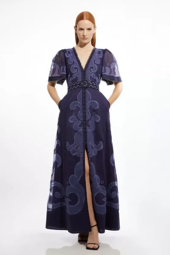 Fashion Karen Millen Baroque Applique Organdie Woven Maxi Dress navy