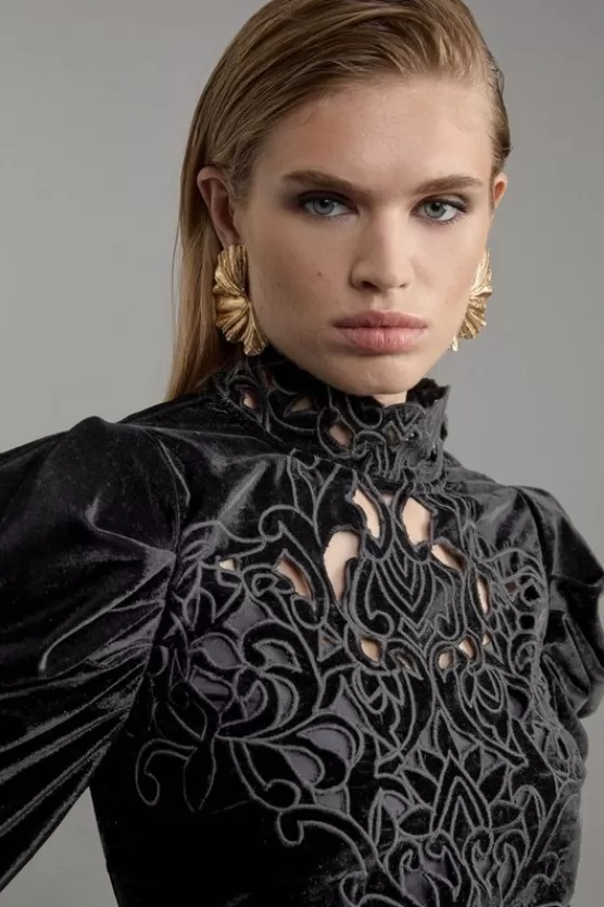 Fashion Karen Millen Barouque Placed Velvert Cutwork Puff Sleeve Woven Mini Dress black