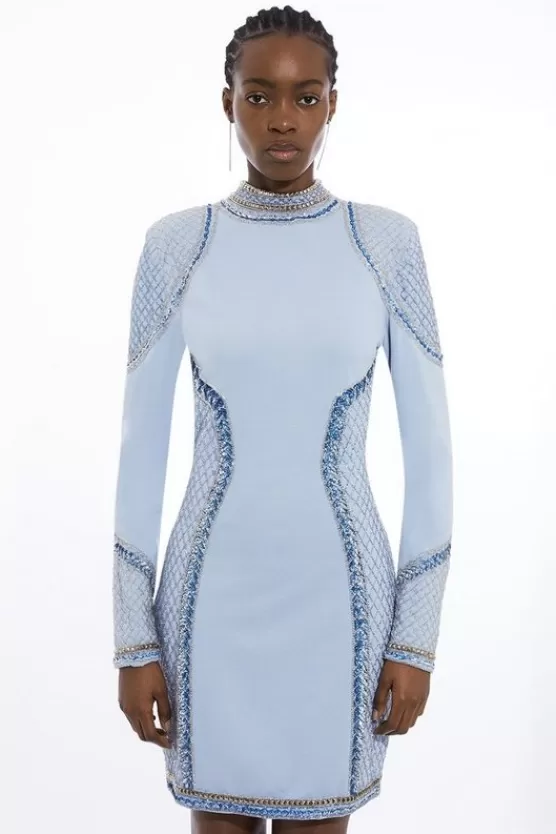 New Karen Millen Beaded And Embellished Ponte Jersey Mini Dress paleblue