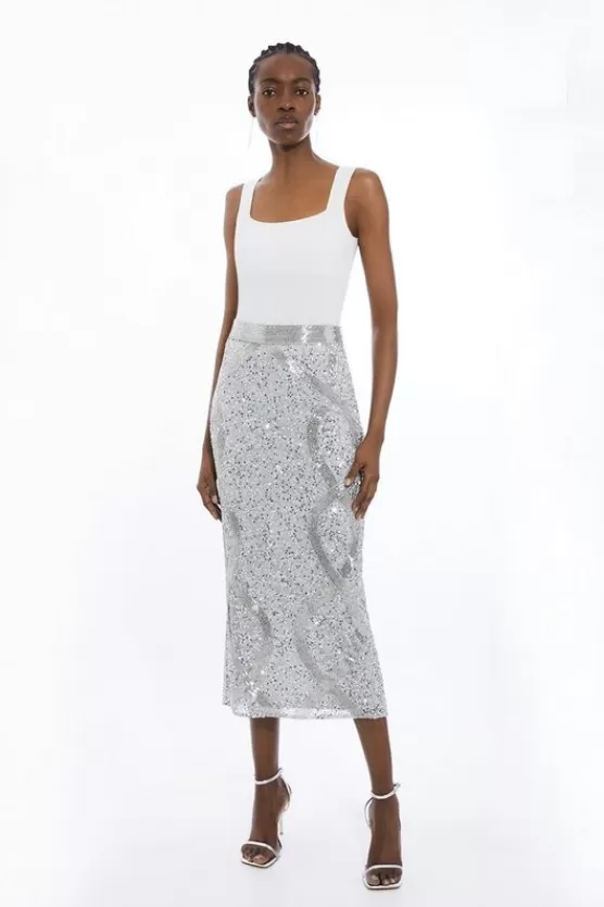 Cheap Karen Millen Beaded And Embellished Woven Pencil Skirt silver