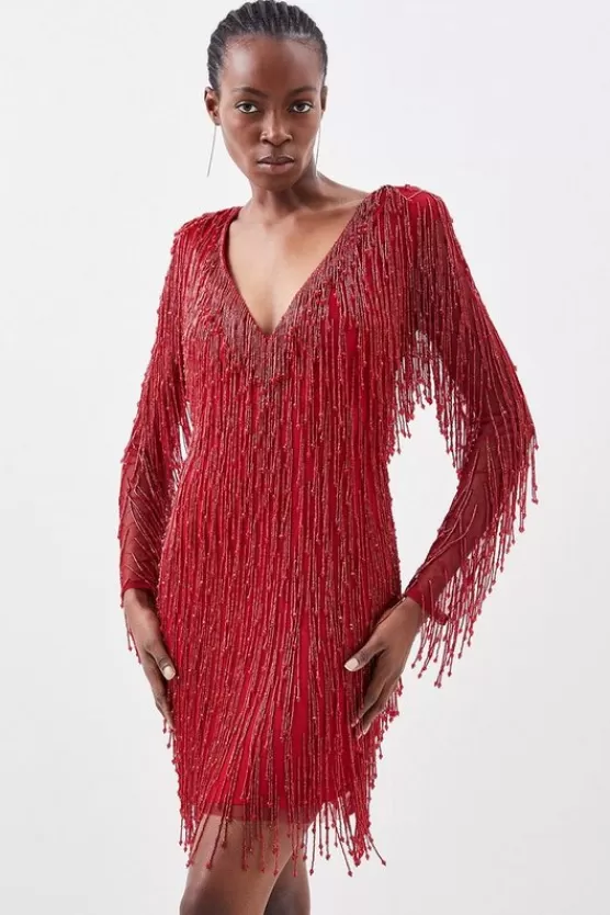 Cheap Karen Millen Beaded Fringed And Embellished Woven Mini Dress red