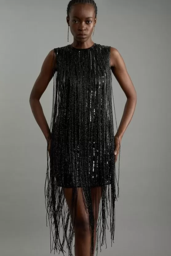 Hot Karen Millen Beaded Fringed Sleeveless Woven Midi Dress black