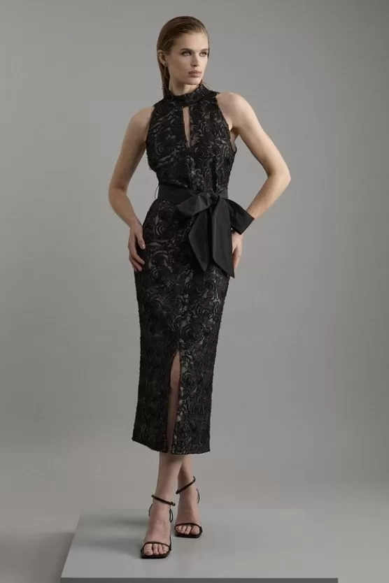 New Karen Millen Beaded Textured Lace Halter Woven Maxi Dress black