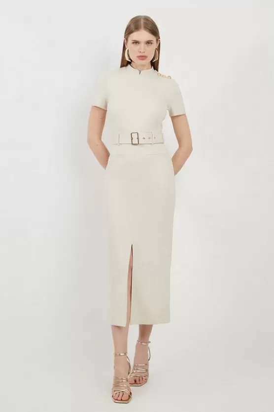 Clearance Karen Millen Belted Detail Ponte Jersey Short Sleeve Midi Dress cream