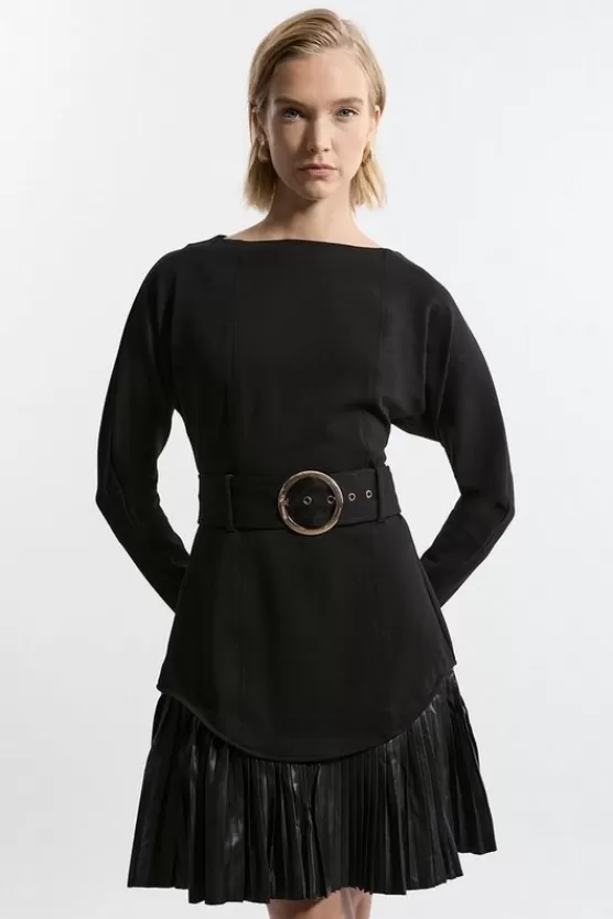 Best Karen Millen Belted Ponte Jersey Frill Hem Mini Dress black