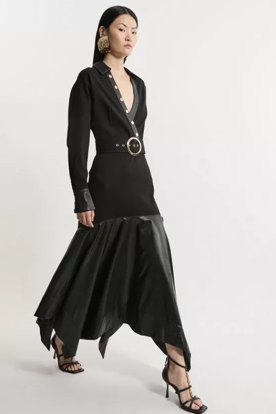 Flash Sale Karen Millen Belted Pu And Ponte Jersey Frill Hem Midi Dress black