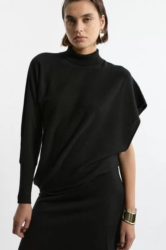 Sale Karen Millen Blend Knit Asymmetric Turtleneck Sweater black