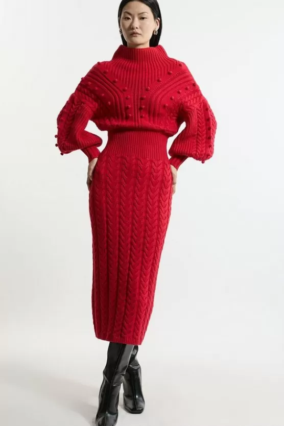 New Karen Millen Bobble Detail Balloon Sleeve Cable Knit Viscose Blend Midaxi Dress red