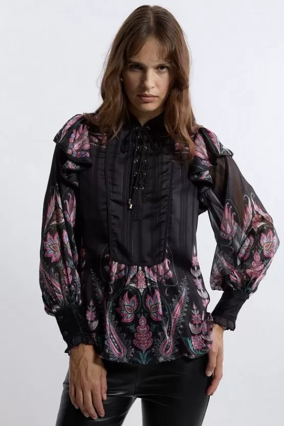 Store Karen Millen Boho Woven Blouse With Lace Front Detail floral