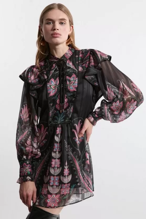 Online Karen Millen Boho Woven Mini Dress With Lace Front Detail floral