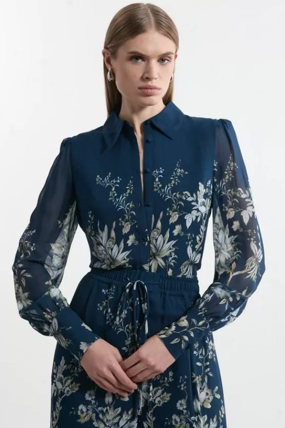 Discount Karen Millen Border Print Viscose Piped Woven Shirt Balloon Sleeve Shirt darknavy