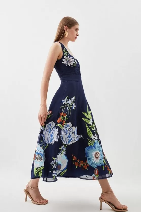 Fashion Karen Millen Botanical Embroidery Organdie Strappy Midi Dress navy