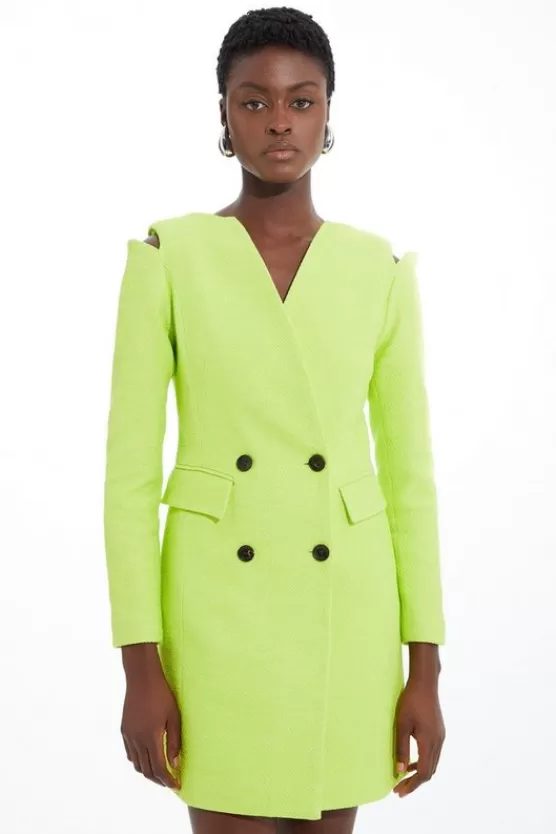 Sale Karen Millen Boucle Cut Out Shoulder Tailored Double Breasted Blazer Mini Dress lime